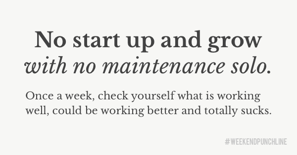 No start up and grow with no maintenance solo. Once a week, check yourself what is working well, could be working better and totally sucks.